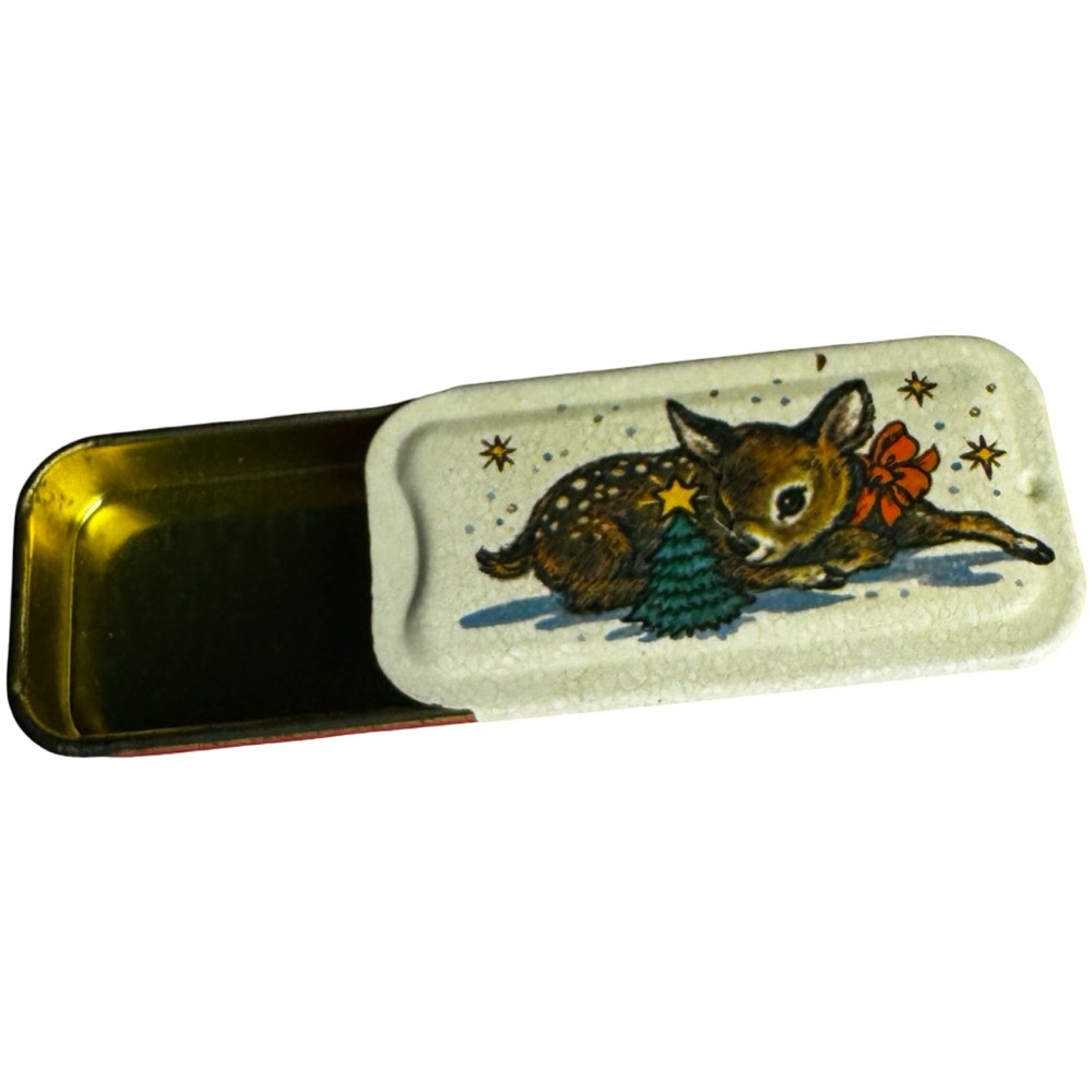 Potpourri Press Miniature Sliding Tin Christmas Fawn Deer Red Cream Good 1.5in‎
